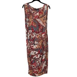 Peruvian Connection Red White Paisley Print Ruched Midi Dress Size Large